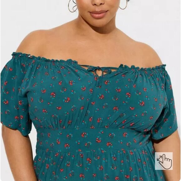 Torrid Size 4 Tea Length Challis Off-Shoulder Dress Blue-Green Florals - Picture 3 of 7